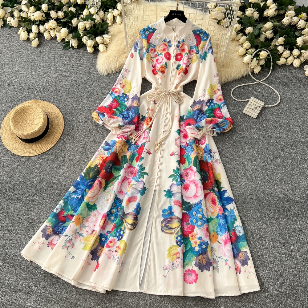 Printing retro dress court style long dress for women