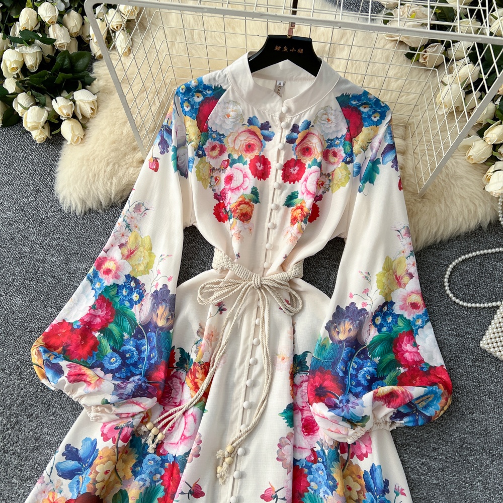 Printing retro dress court style long dress for women