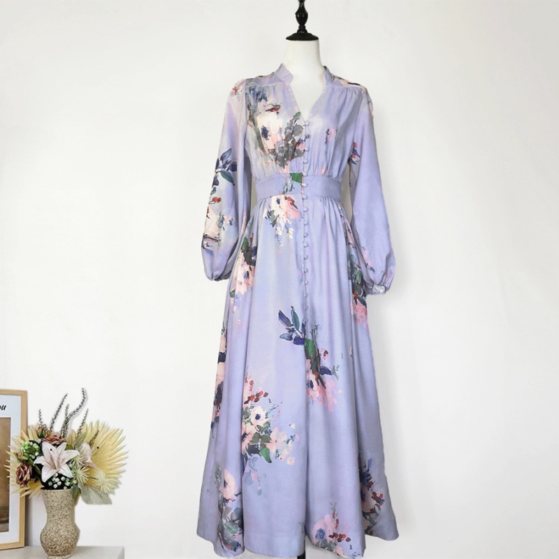 Lantern sleeve flax V-neck spring and summer dress