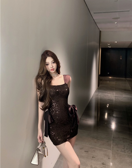 Flat shoulder sling dress pinched waist T-back