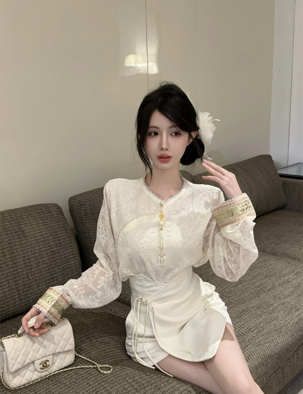 Chinese style short skirt lace small shirt a set for women