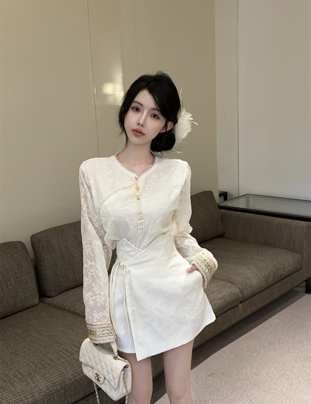 Chinese style short skirt lace small shirt a set for women