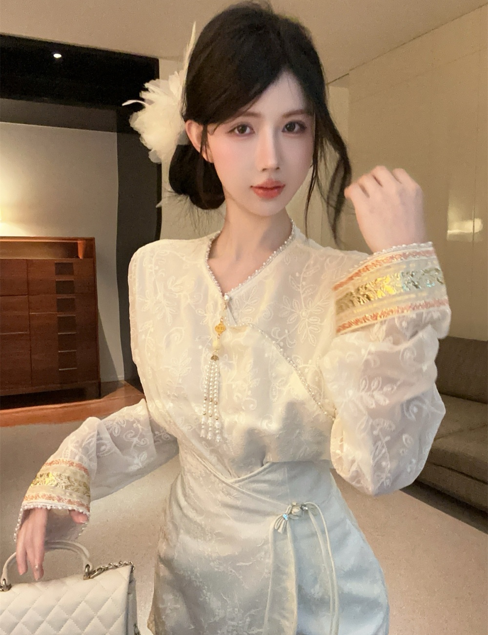 Chinese style short skirt lace small shirt a set for women