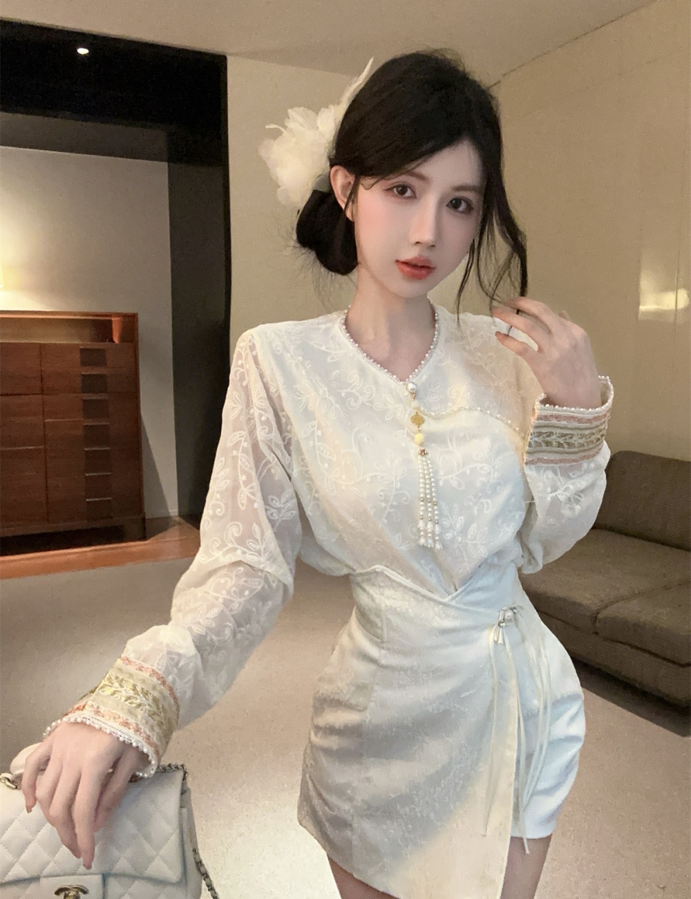 Chinese style short skirt lace small shirt a set for women