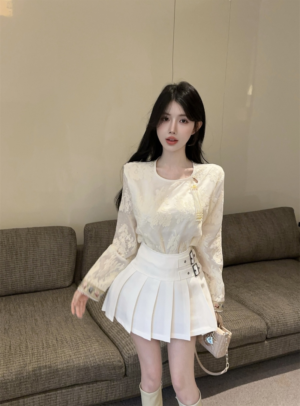 Pleated short skirt double buckle skirt