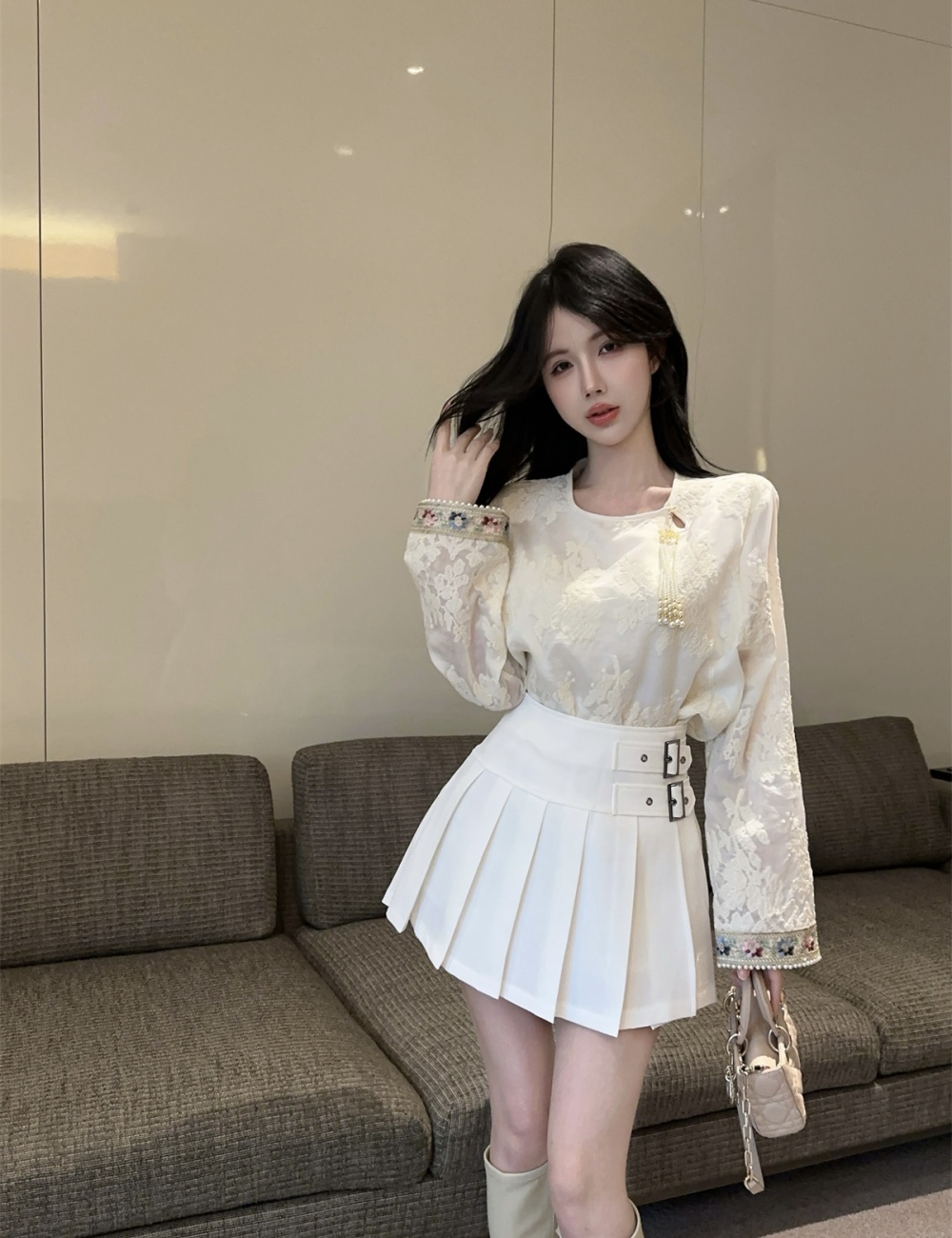 Lace short skirt beading shirt 2pcs set for women