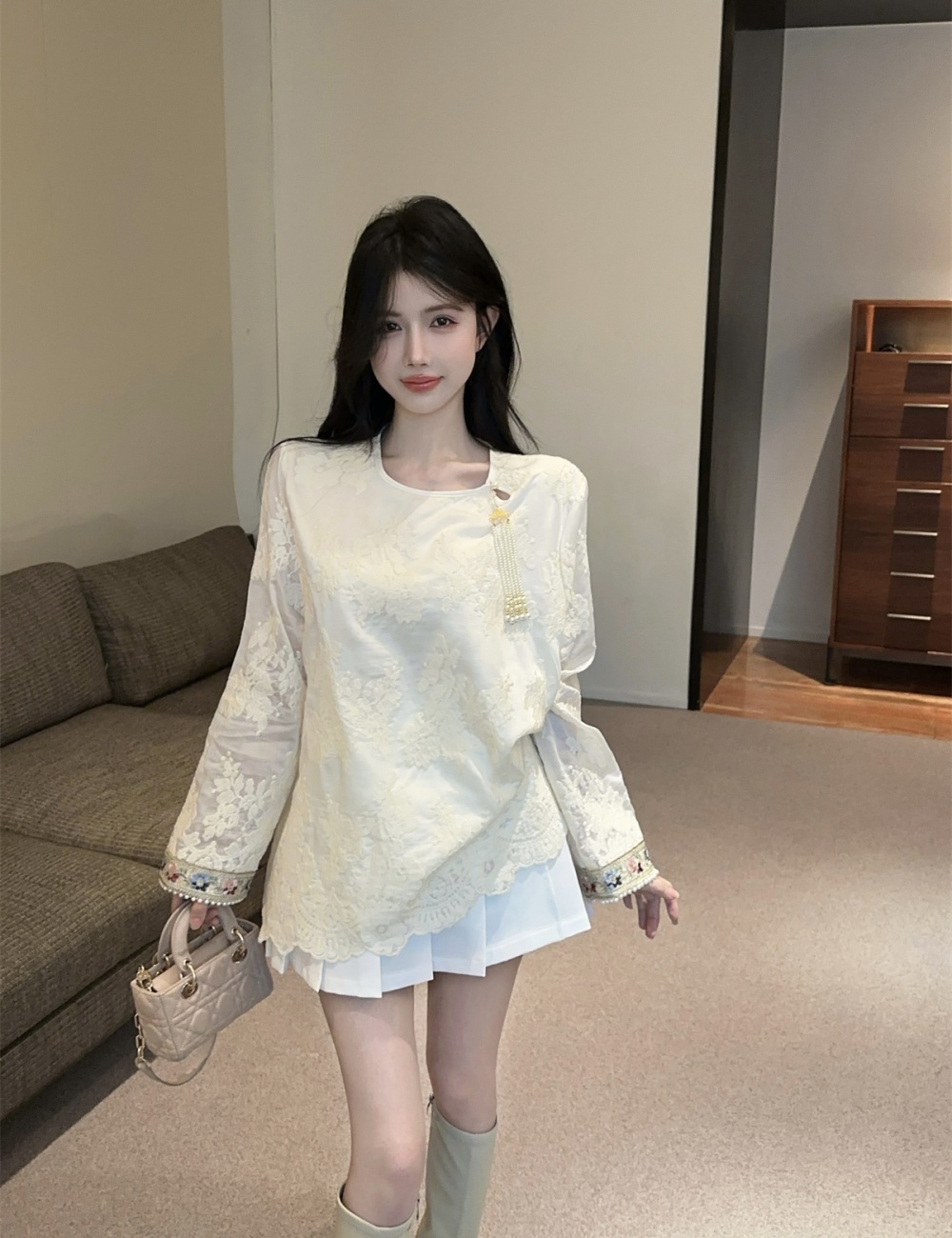 Lace short skirt beading shirt 2pcs set for women