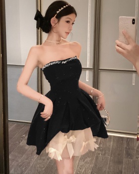 Velvet wrapped chest dress Hepburn style bow formal dress