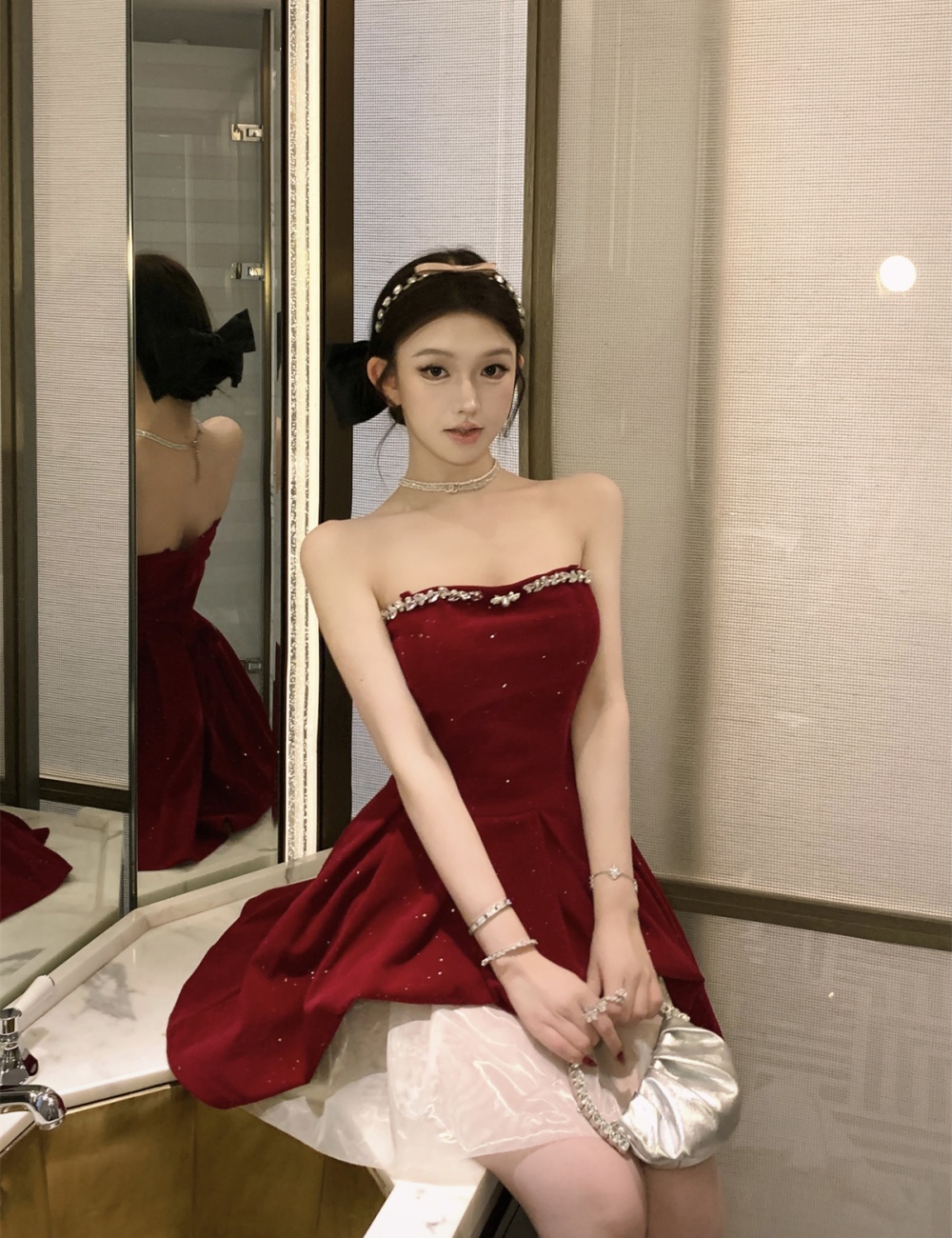 Velvet wrapped chest dress Hepburn style bow formal dress