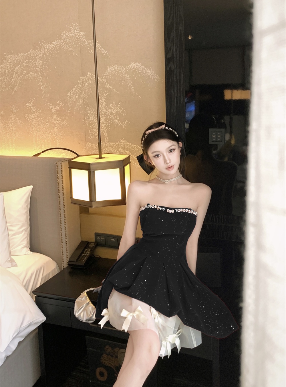 Velvet wrapped chest dress Hepburn style bow formal dress