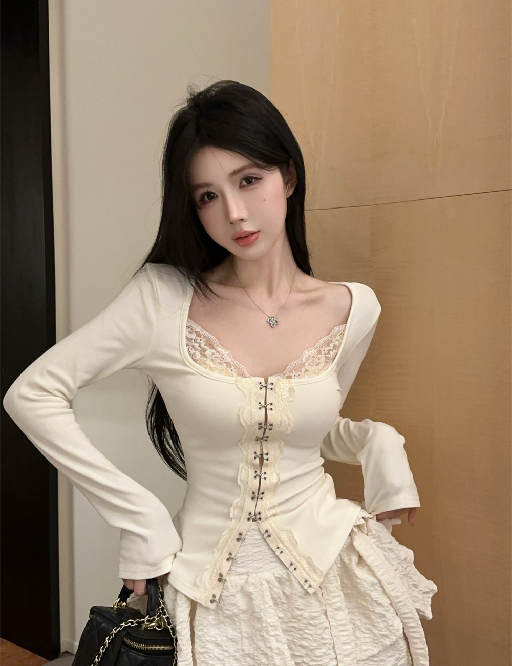 Enticement split stitching square collar lace short tops