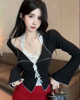 Enticement bow lace lapel tops 2pcs set