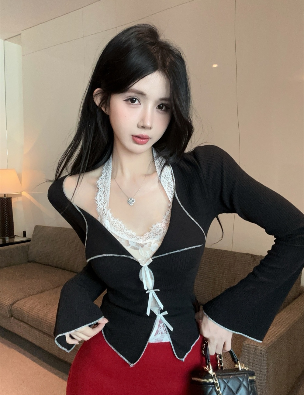 Enticement bow lace lapel tops 2pcs set