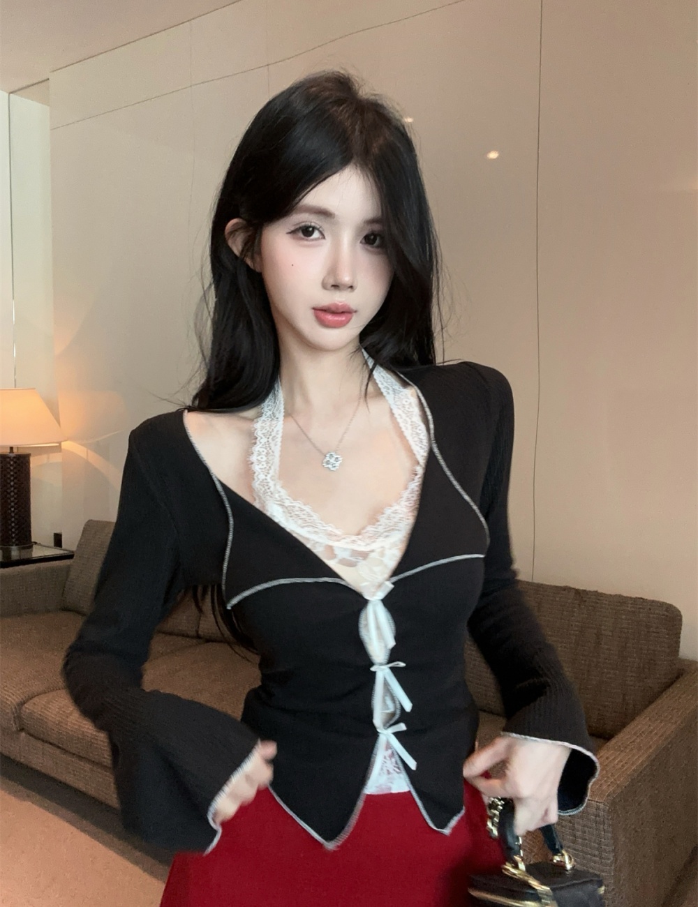 Enticement bow lace lapel tops 2pcs set