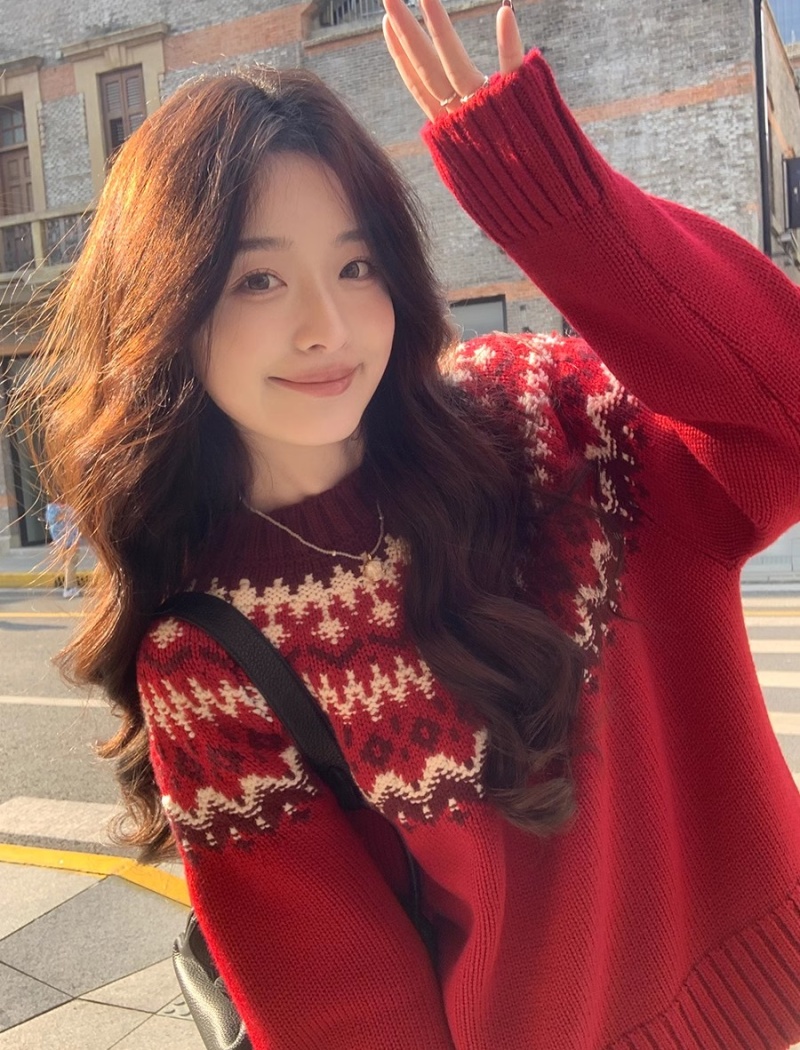 Wool red tops knitted sweater