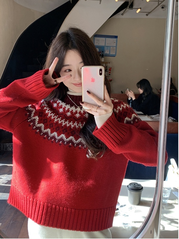 Wool red tops knitted sweater