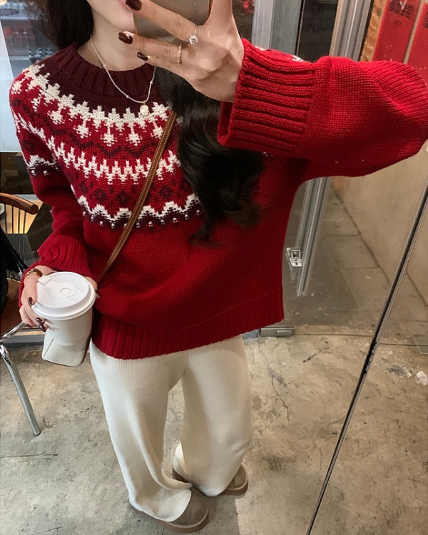 Wool red tops knitted sweater