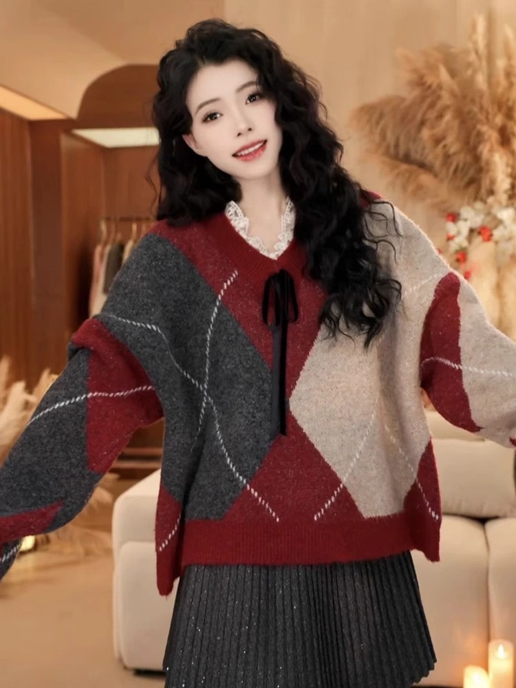 Quilted knitted tops thermal sweater for women