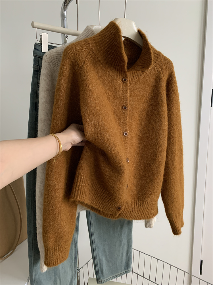 High collar cardigan knitted sweater for women