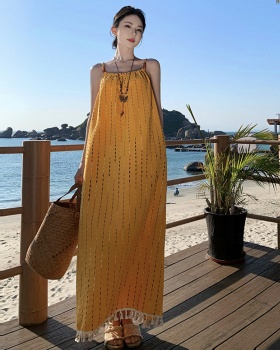 Vacation embroidery long dress seaside sling dress