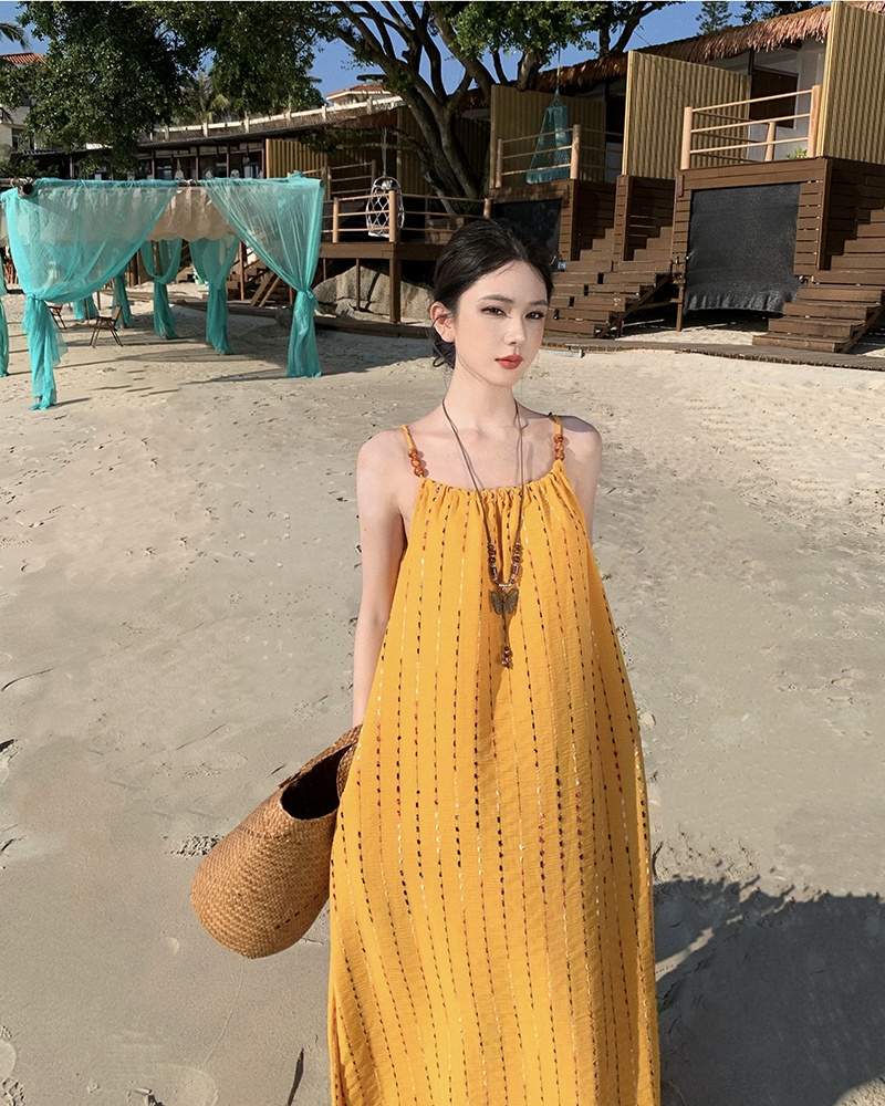 Vacation embroidery long dress seaside sling dress