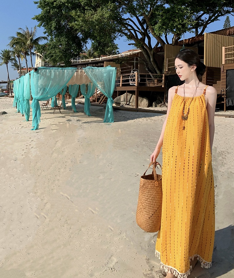 Vacation embroidery long dress seaside sling dress