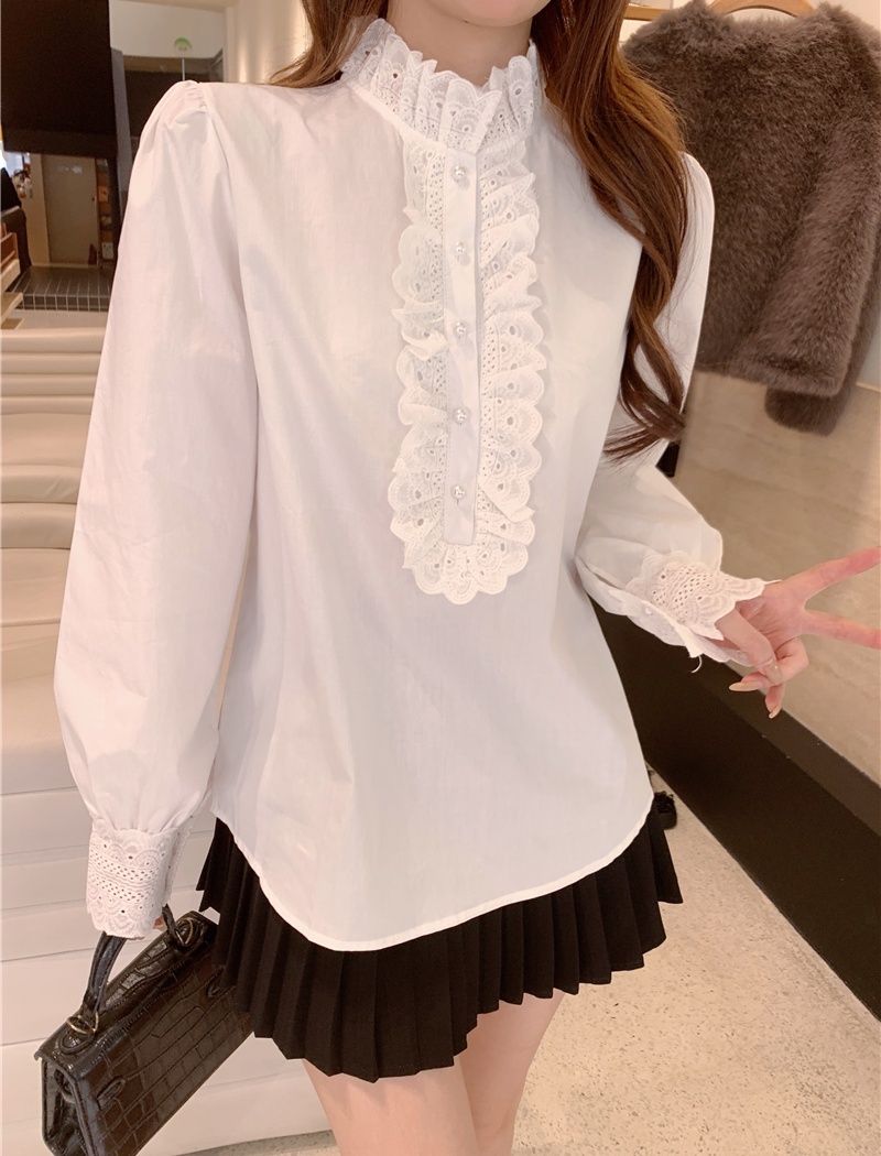 White spring cstand collar shirt all-match niche tops