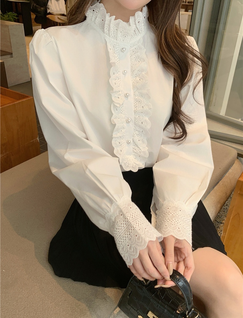 White spring cstand collar shirt all-match niche tops