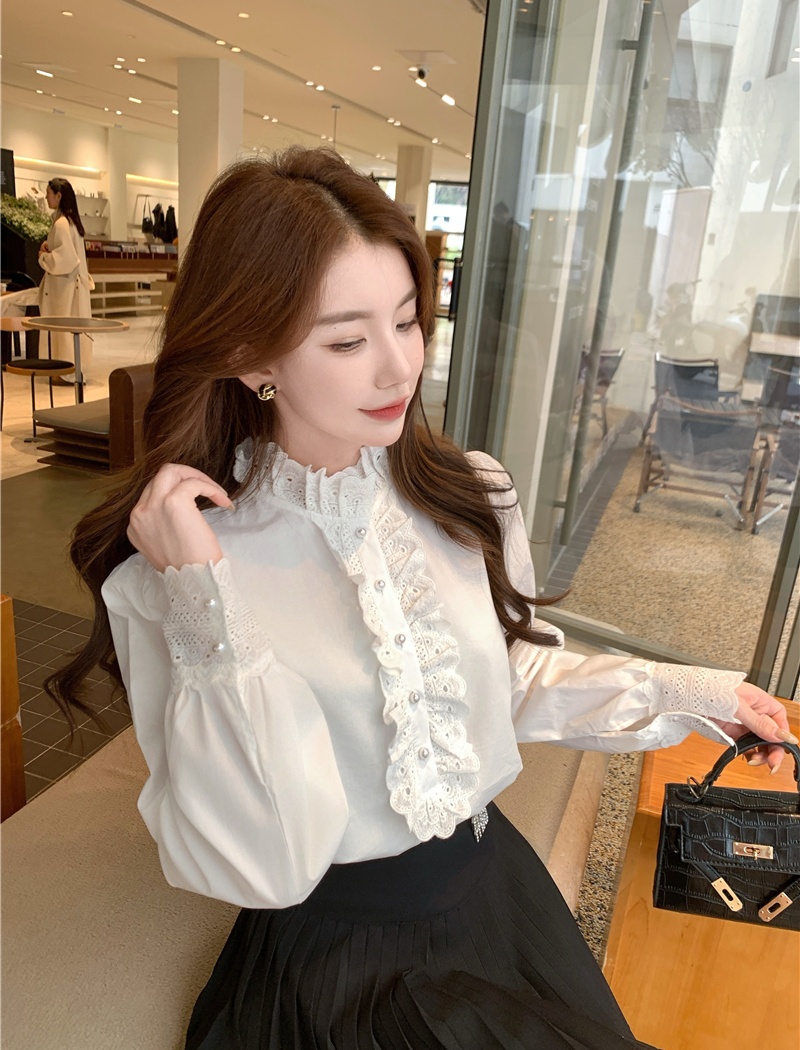 White spring cstand collar shirt all-match niche tops