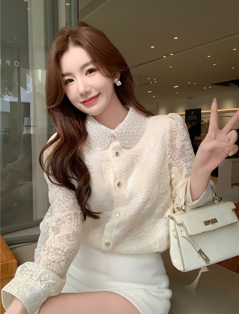 Spring lapel elastic shirt beading long sleeve small shirt