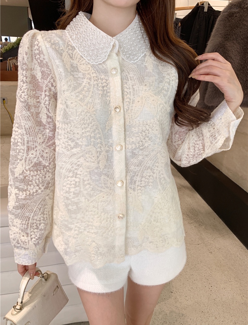 Spring lapel elastic shirt beading long sleeve small shirt