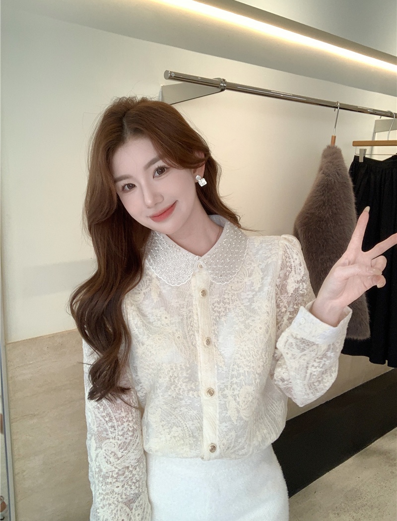 Spring lapel elastic shirt beading long sleeve small shirt