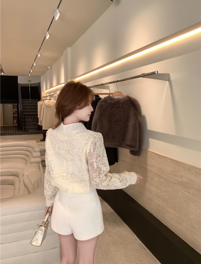 Spring lapel elastic shirt beading long sleeve small shirt