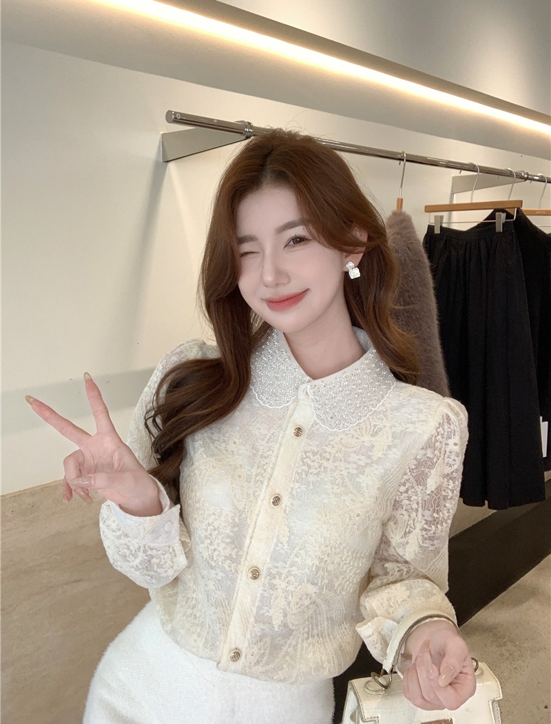 Spring lapel elastic shirt beading long sleeve small shirt