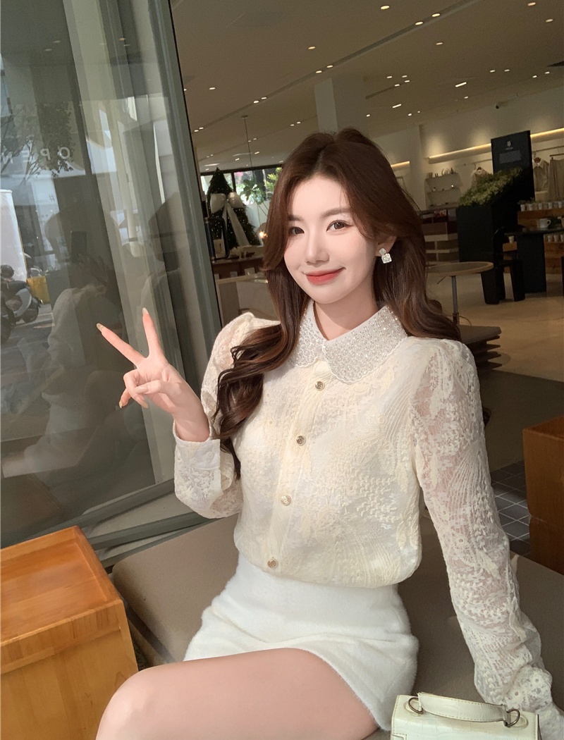 Spring lapel elastic shirt beading long sleeve small shirt