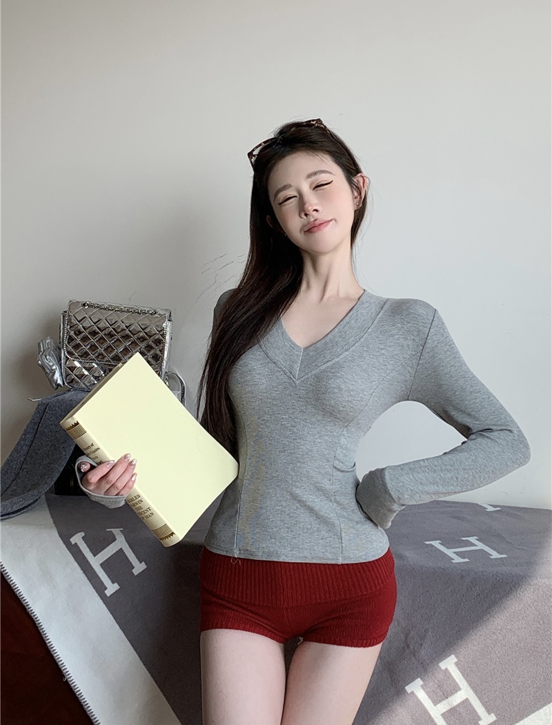 Slim pinched waist bottoming shirt V-neck all-match tops