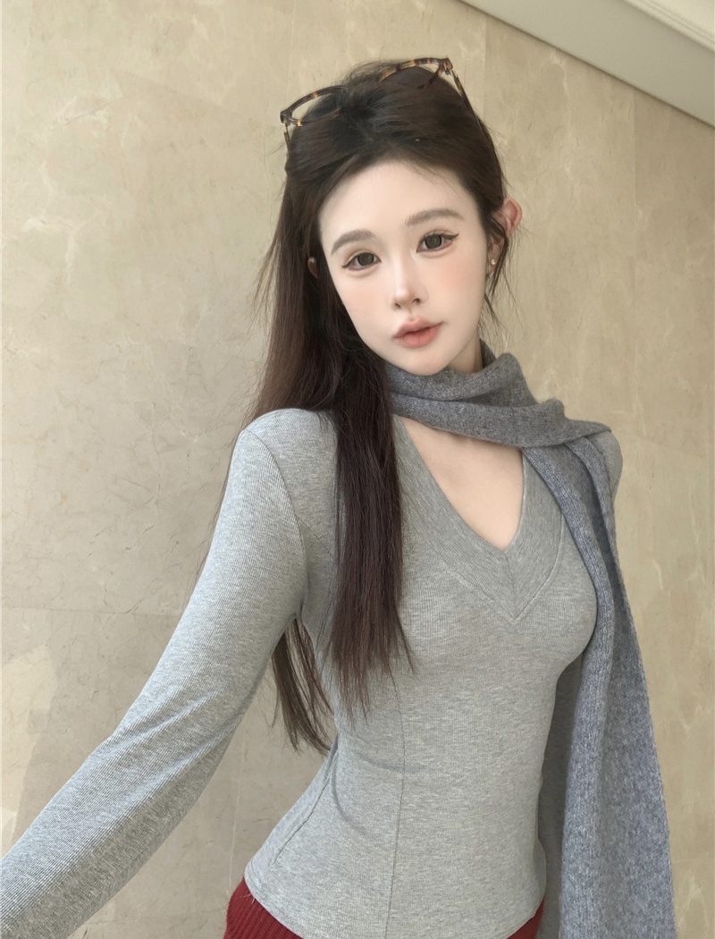 Slim pinched waist bottoming shirt V-neck all-match tops