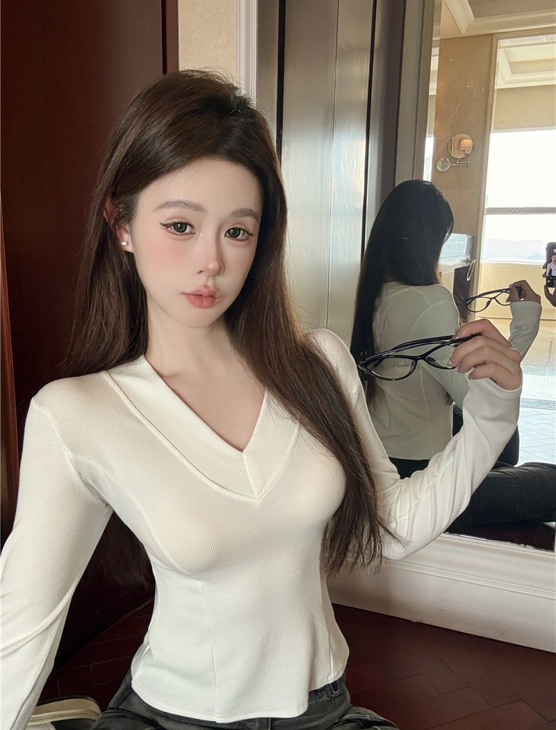 Slim pinched waist bottoming shirt V-neck all-match tops