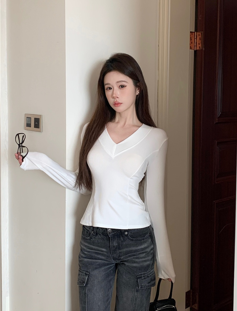 Slim pinched waist bottoming shirt V-neck all-match tops