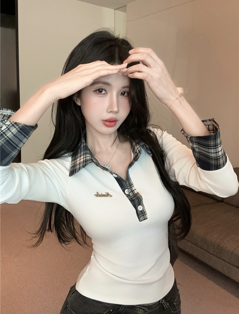 Spring plaid T-shirt mixed colors knitted tops for women