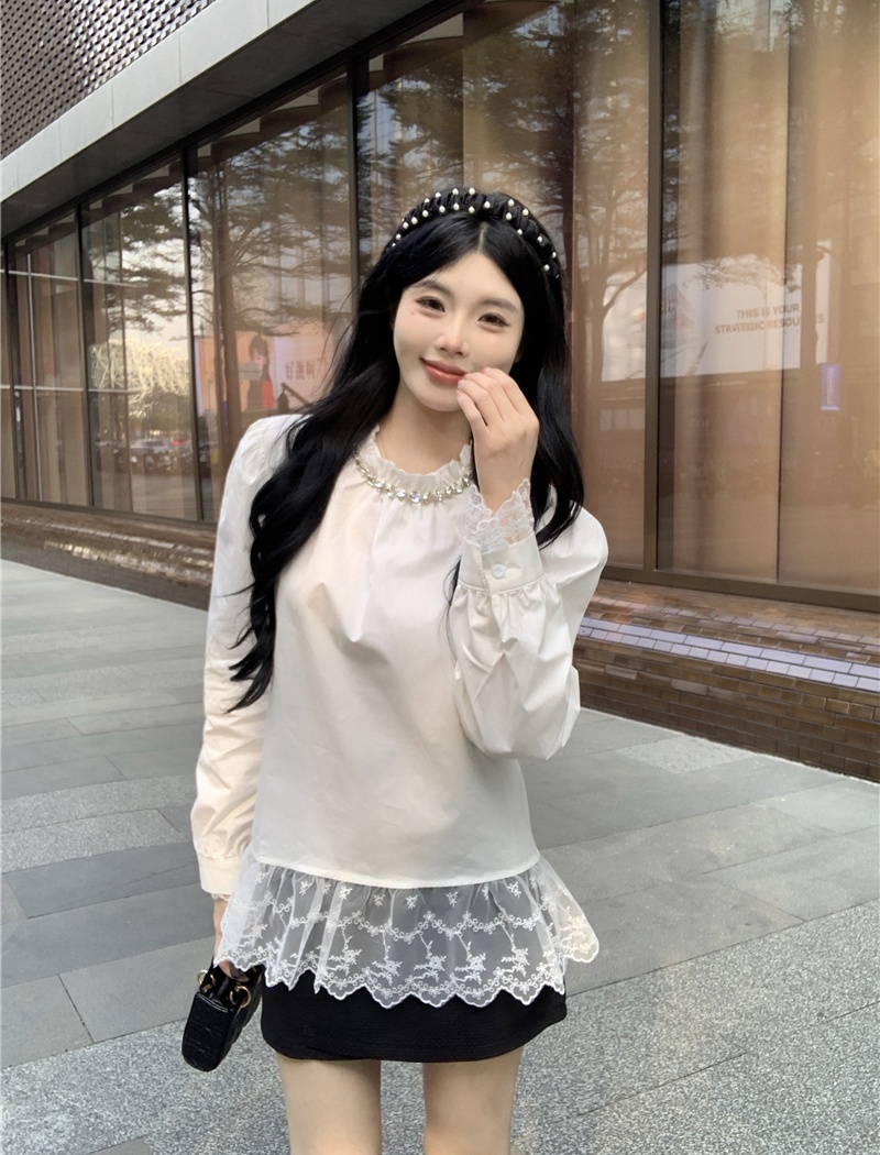 Spring rhinestone lace beading shirt for women