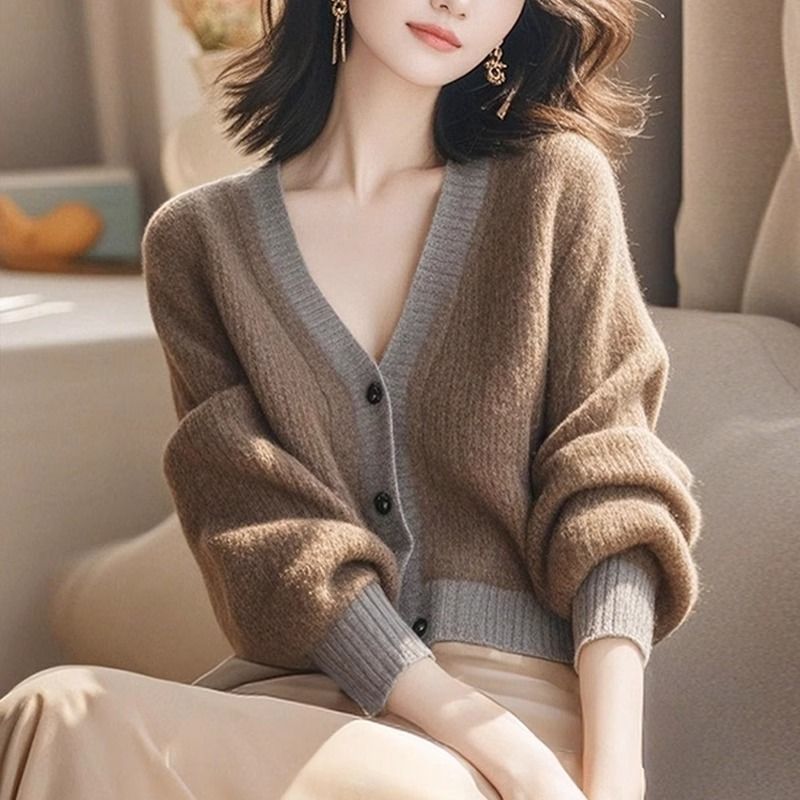 V-neck knitted cardigan fashion autumn and winter sweater for women