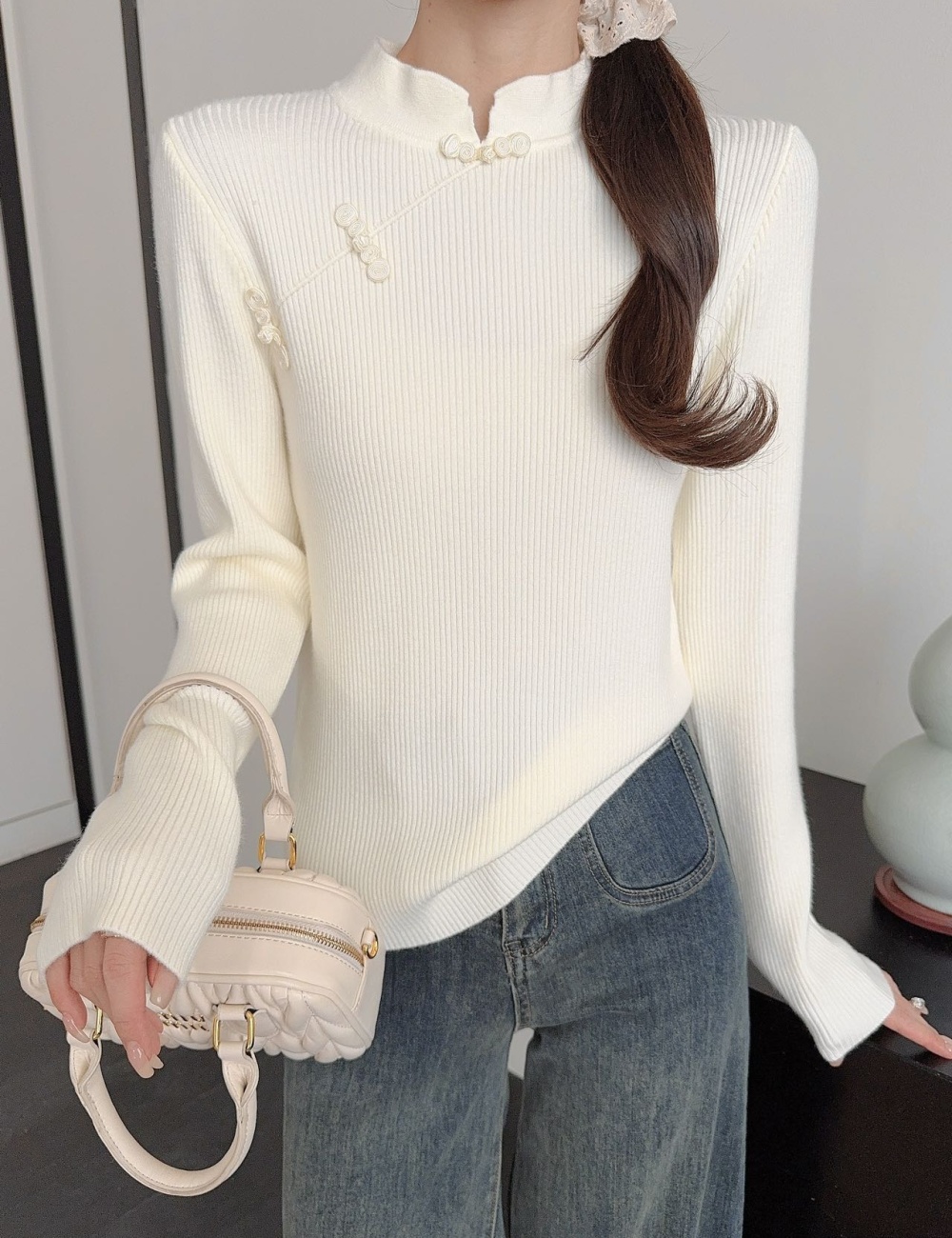 Bottoming slim inside the ride apricot sweater for women