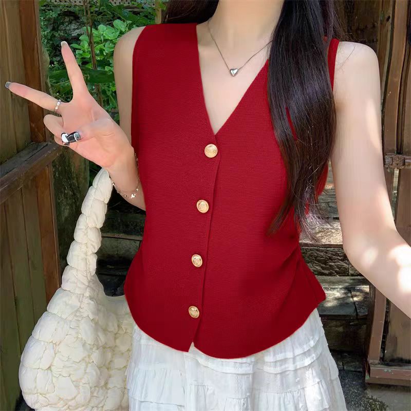 Retro wears outside vest chouzhe V-neck tops for women