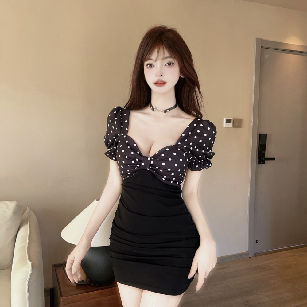 Short sleeve low-cut splice package hip dress