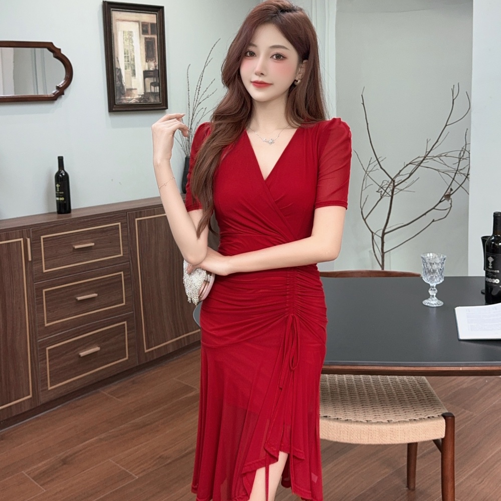 V-neck bottoming short sleeve gauze sexy mermaid dress