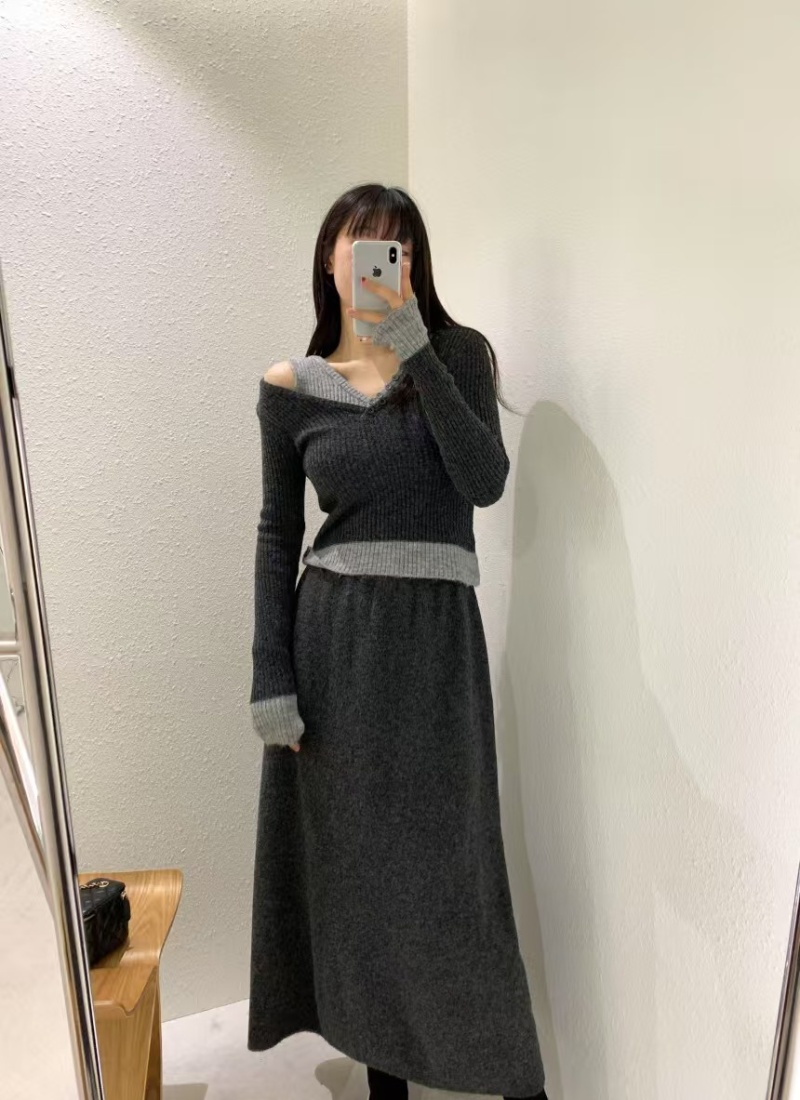 Mixed colors sweater Casual long skirt a set