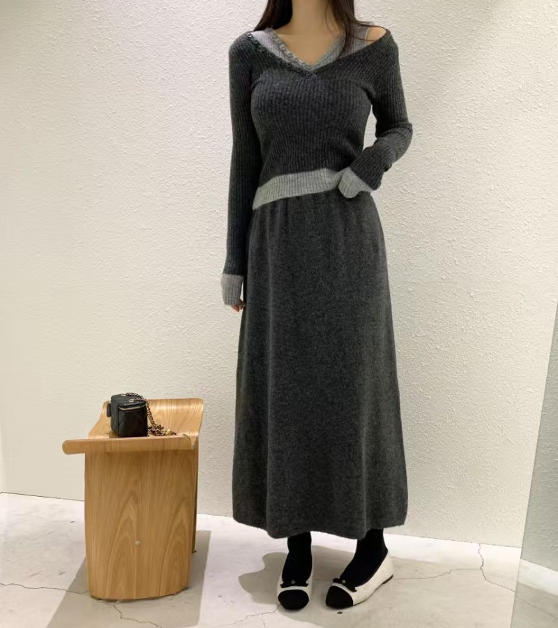 Mixed colors sweater Casual long skirt a set