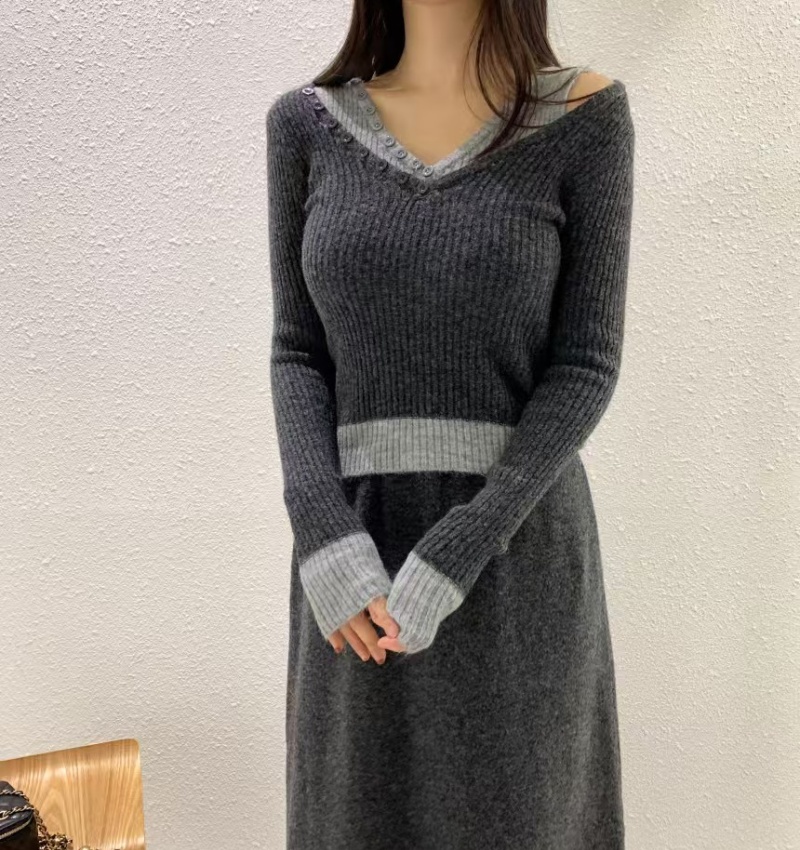 Mixed colors sweater Casual long skirt a set