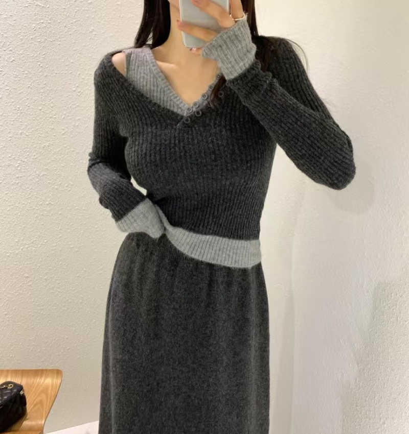 Mixed colors sweater Casual long skirt a set